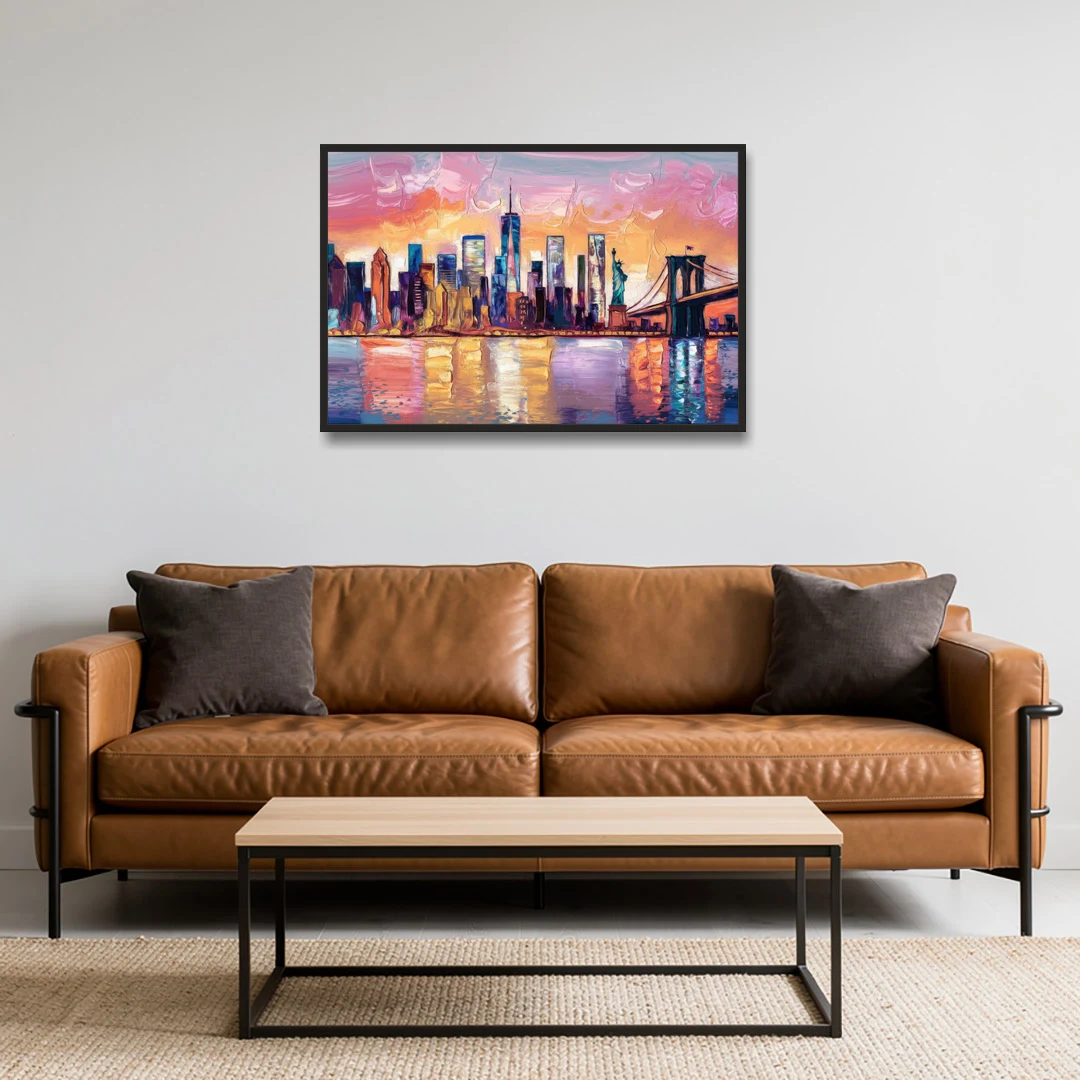New York City Artistic Watercolor View - Black Framed Canvas Wall Art - Sofa - 36x24