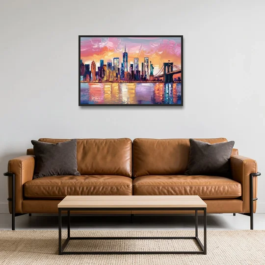 New York City Artistic Watercolor View - Black Framed Canvas Wall Art - Sofa - 36x24