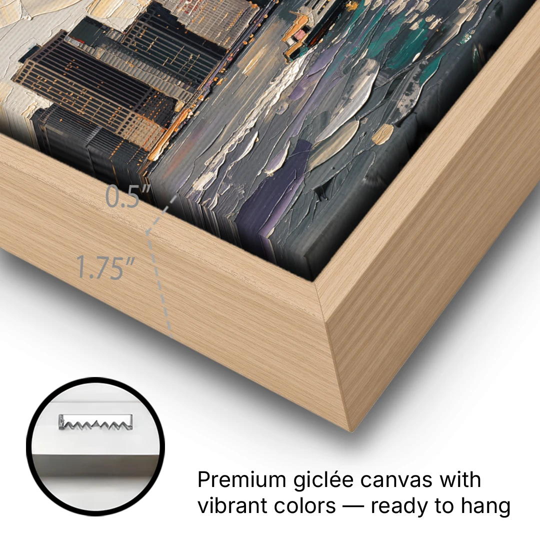 New York City Black And White Skyline - Oak Framed Canvas Wall Art - Gallery Wrap Corner