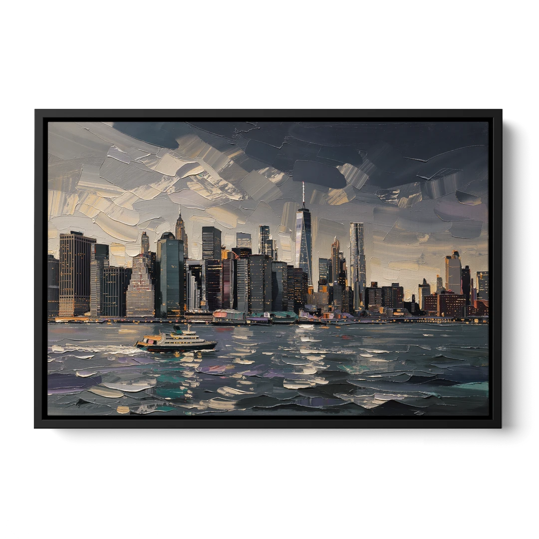 New York City Black And White Skyline - Black Framed Canvas Wall Art - Front