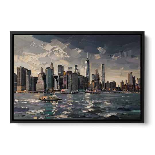 New York City Black And White Skyline - Black Framed Canvas Wall Art - Front