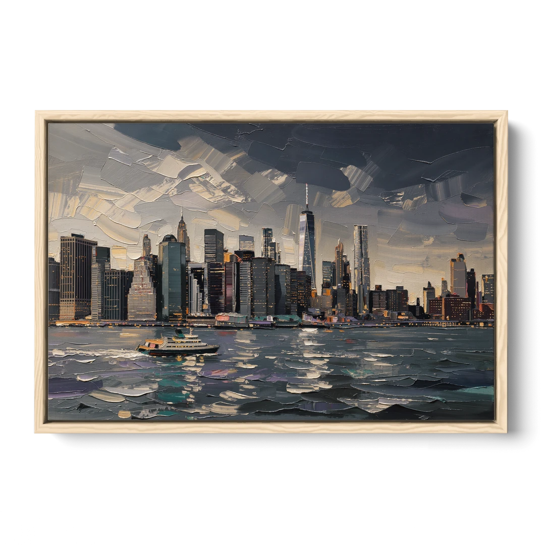 New York City Black And White Skyline - Oak Framed Canvas Wall Art - Front