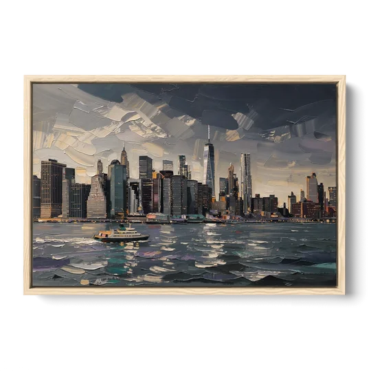 New York City Black And White Skyline - Oak Framed Canvas Wall Art - Front