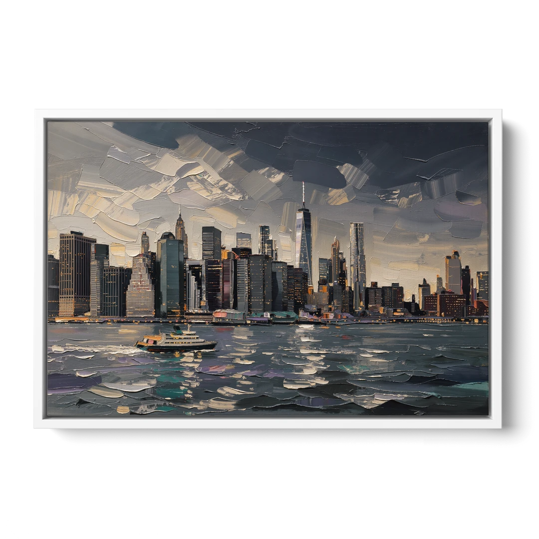 New York City Black And White Skyline - White Framed Canvas Wall Art - Front