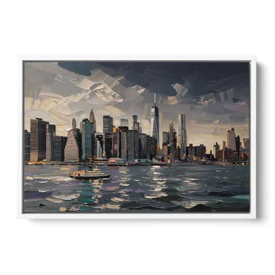 New York City Black And White Skyline - White Framed Canvas Wall Art - Front