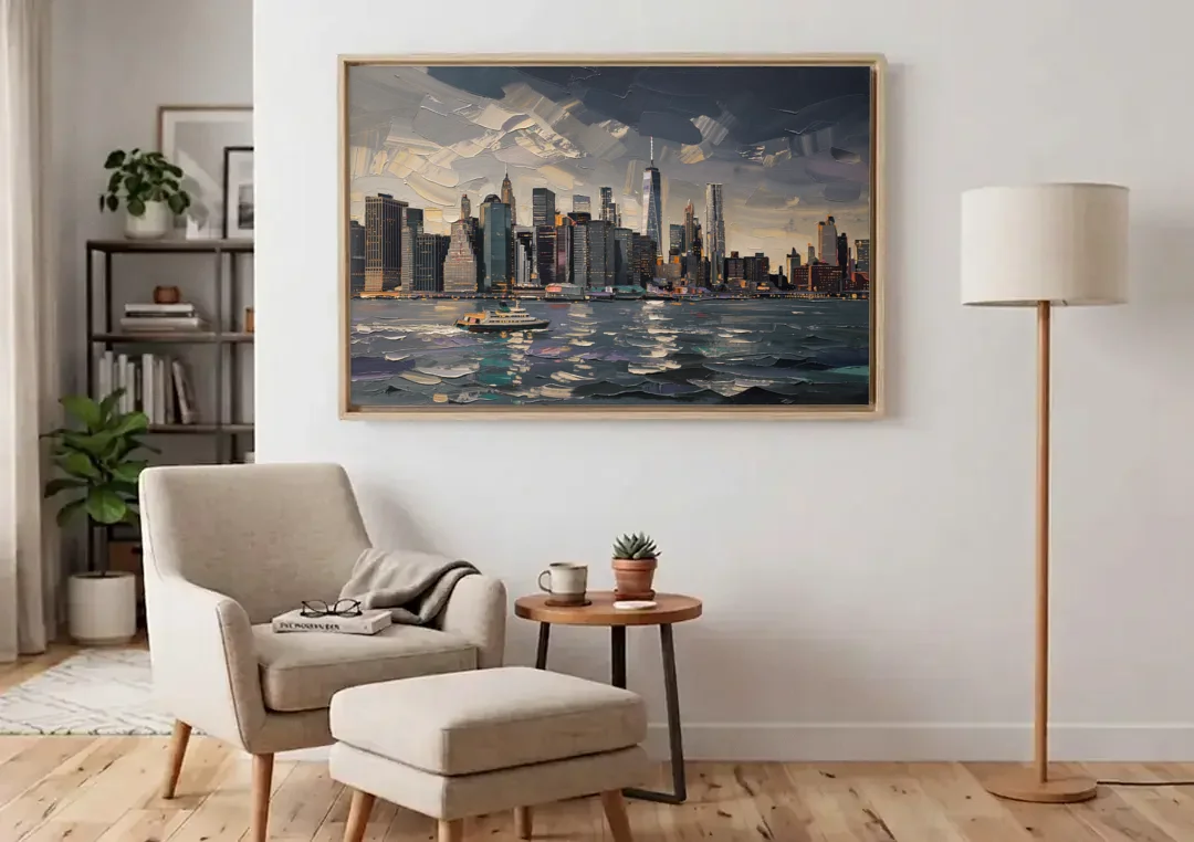 New York City Black And White Skyline canvas wall art above an armchair in a bright living room