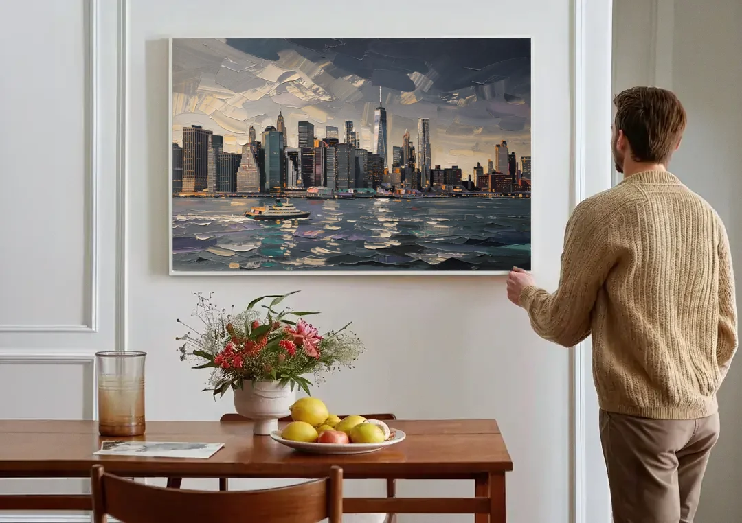 New York City Black And White Skyline canvas wall art above a dining table