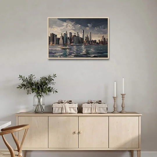 New York City Black And White Skyline - Oak Framed Canvas Wall Art - Coffee Table - 36x24