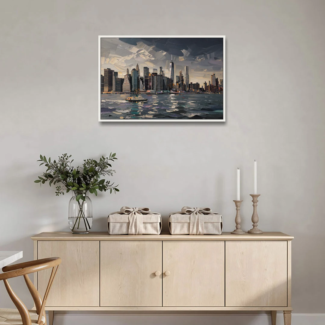 New York City Black And White Skyline - White Framed Canvas Wall Art - Coffee Table - 36x24