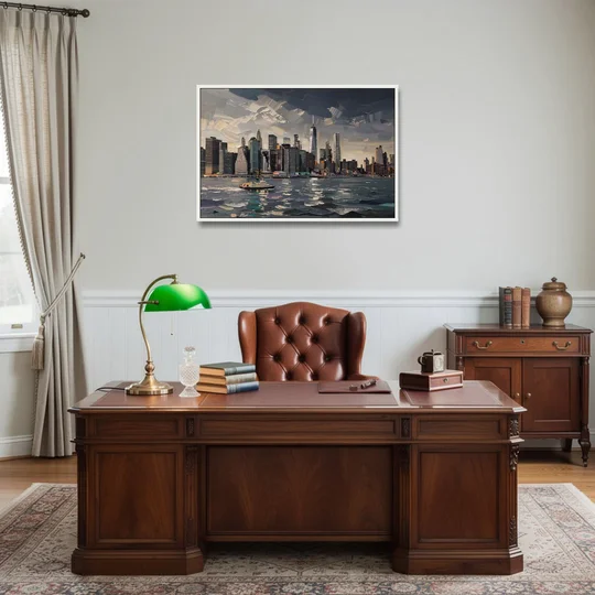 New York City Black And White Skyline - White Framed Canvas Wall Art - Office - 36x24