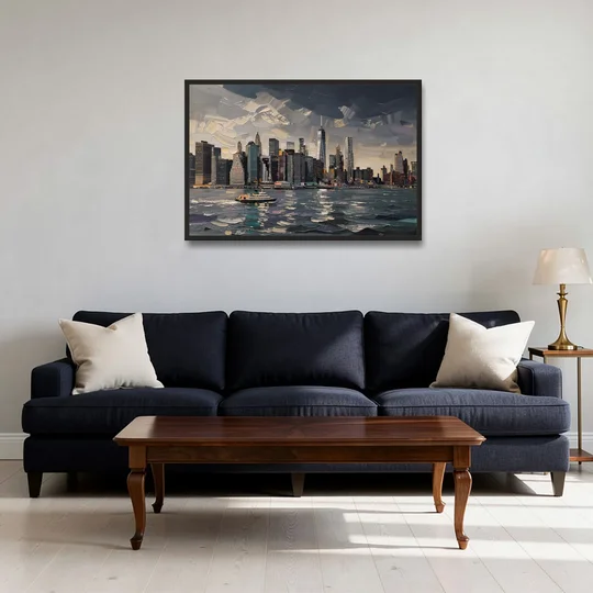 New York City Black And White Skyline - Black Framed Canvas Wall Art - Sofa - 36x24
