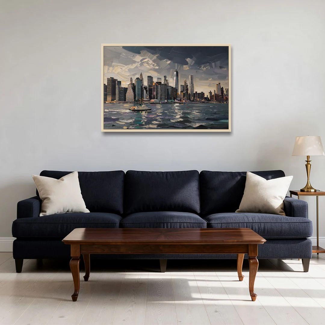 New York City Black And White Skyline - Oak Framed Canvas Wall Art - Sofa - 36x24