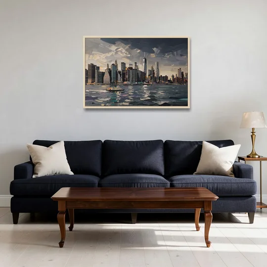 New York City Black And White Skyline - Oak Framed Canvas Wall Art - Sofa - 36x24