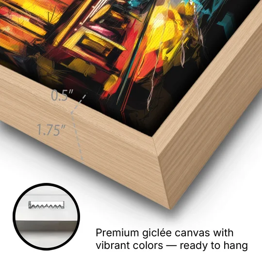 New York City Broadway Lights - Oak Framed Canvas Wall Art - Gallery Wrap Corner
