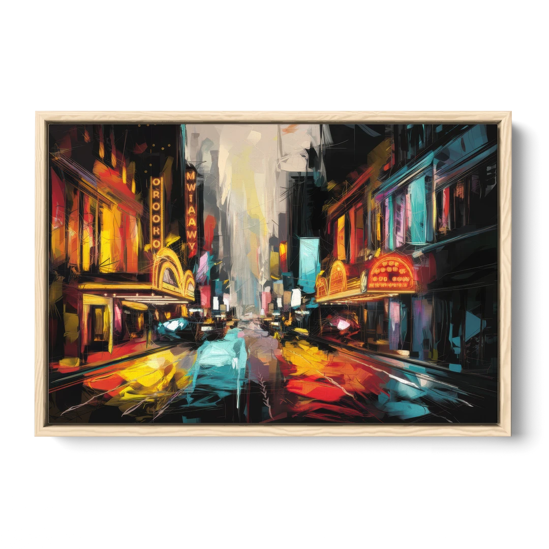 New York City Broadway Lights - Oak Framed Canvas Wall Art - Front