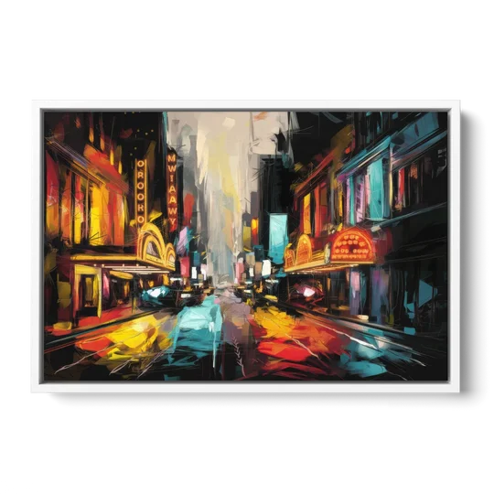 New York City Broadway Lights - White Framed Canvas Wall Art - Front