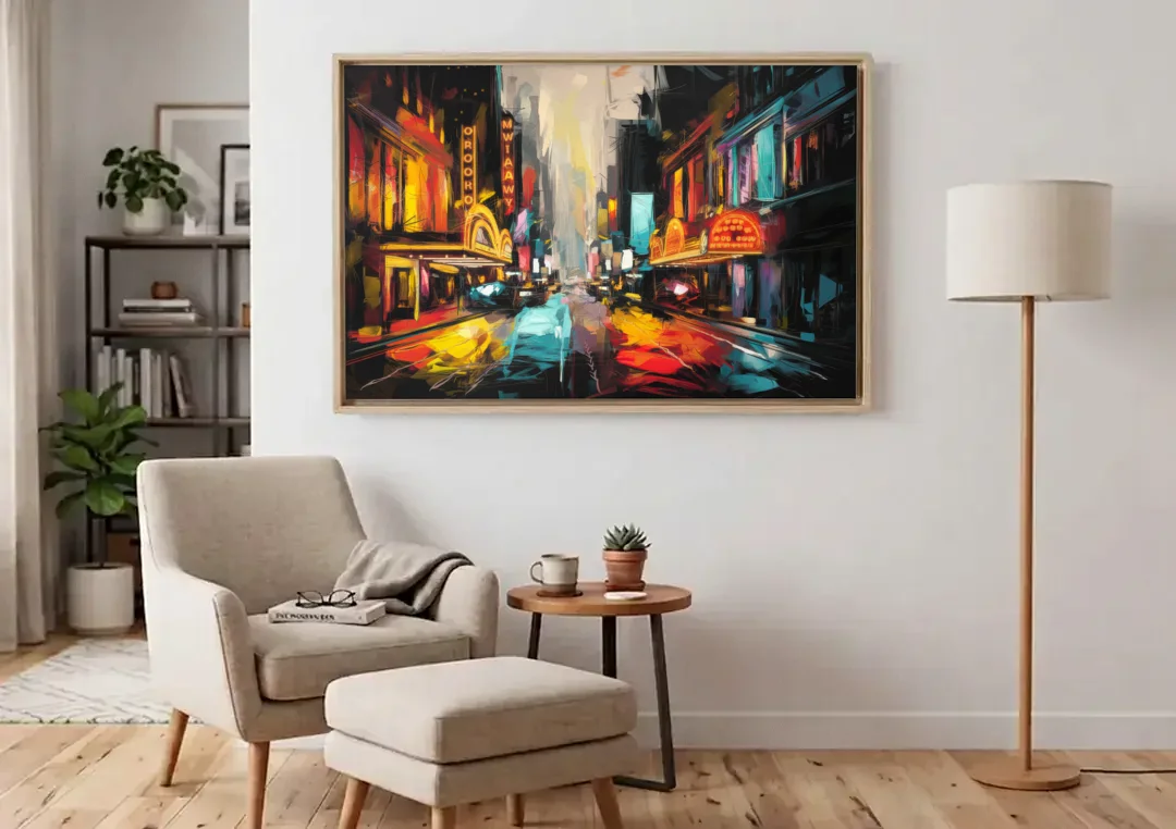 New York City Broadway Lights canvas wall art above an armchair in a bright living room