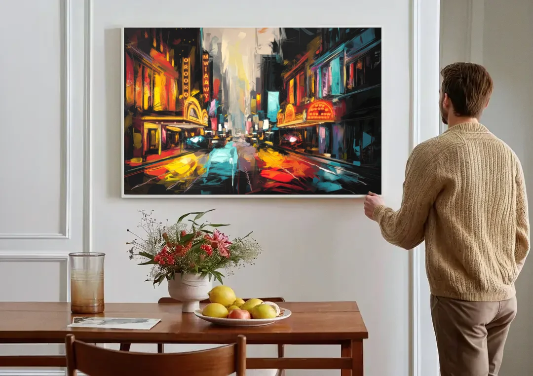 New York City Broadway Lights canvas wall art above a dining table