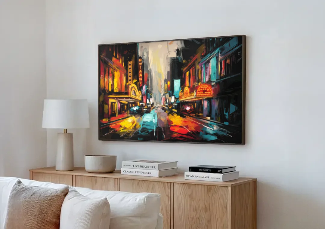 New York City Broadway Lights canvas wall art above a wooden sideboard next to a sofa