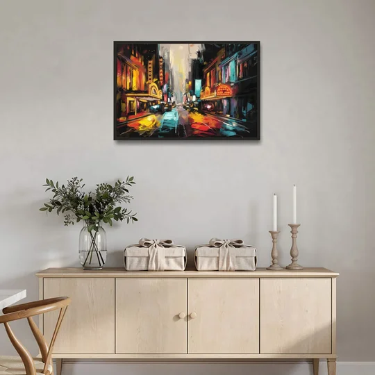 New York City Broadway Lights - Black Framed Canvas Wall Art - Coffee Table - 36x24