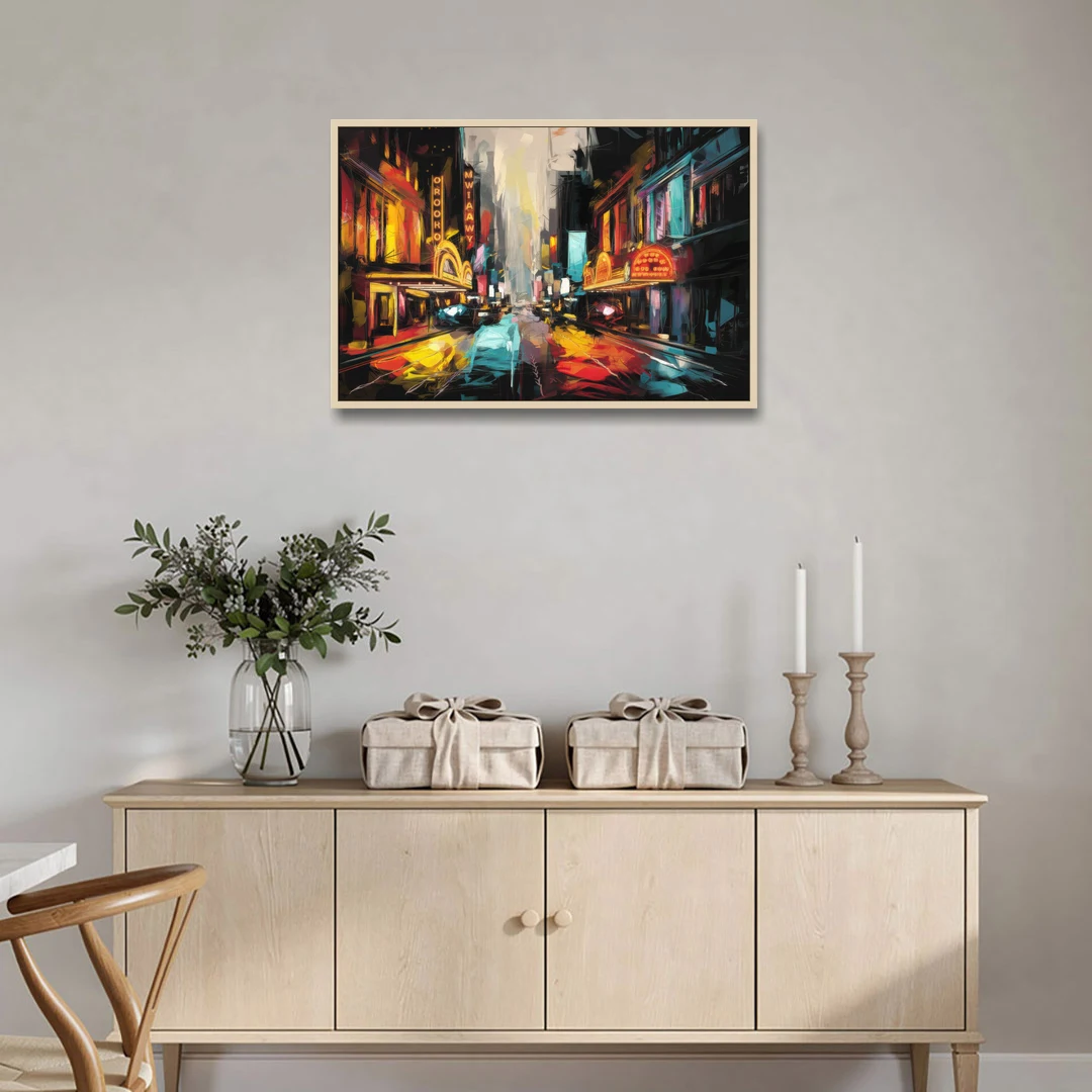 New York City Broadway Lights - Oak Framed Canvas Wall Art - Coffee Table - 36x24