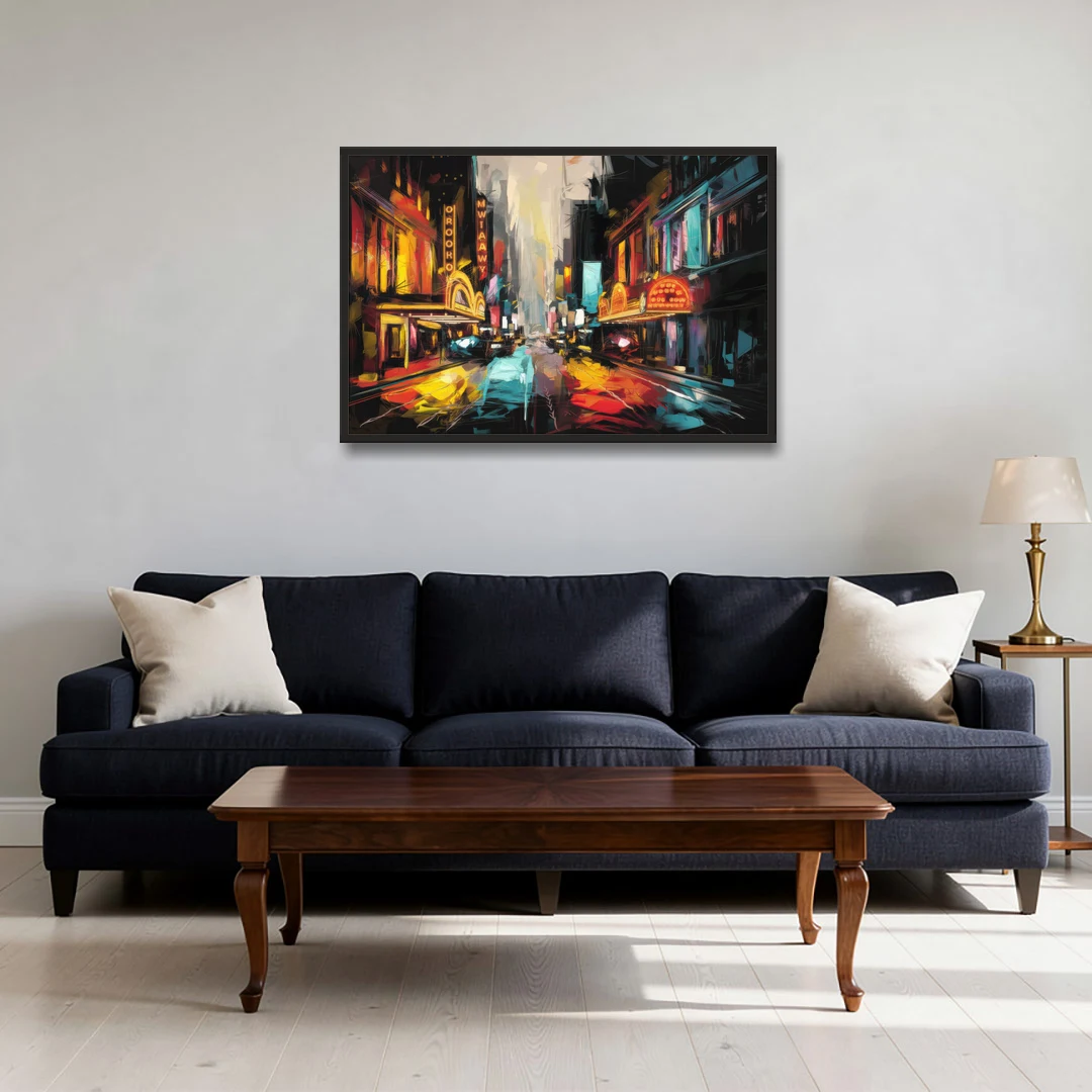 New York City Broadway Lights - Black Framed Canvas Wall Art - Sofa - 36x24