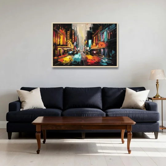 New York City Broadway Lights - Oak Framed Canvas Wall Art - Sofa - 36x24