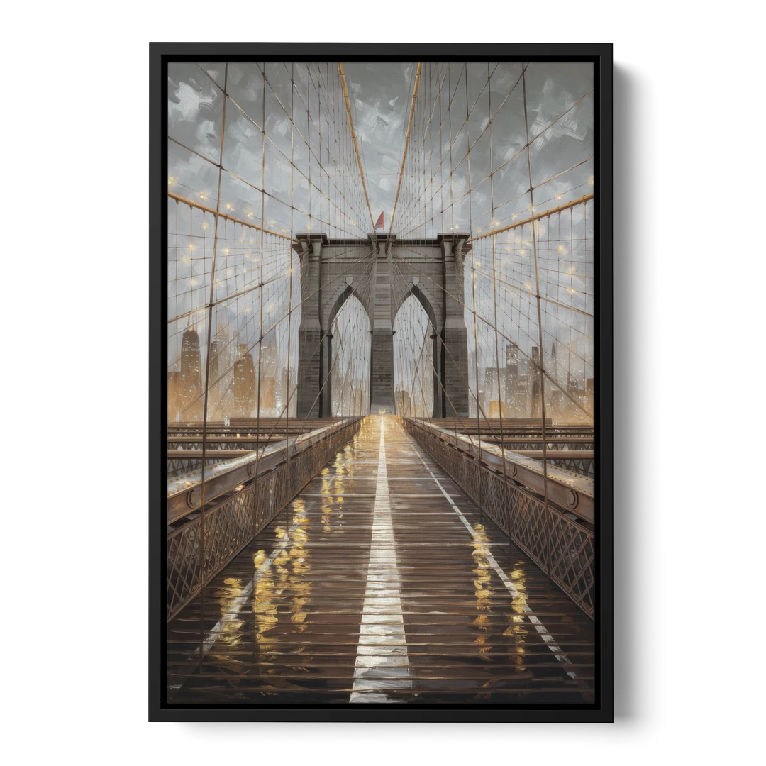 New York City Brooklyn Bridge View - Black Framed Canvas Wall Art - Front