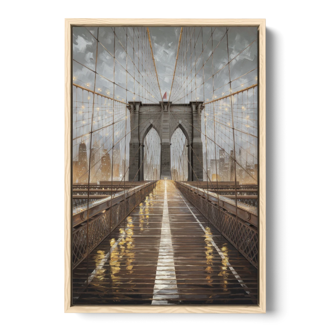 New York City Brooklyn Bridge View - Oak Framed Canvas Wall Art - Front
