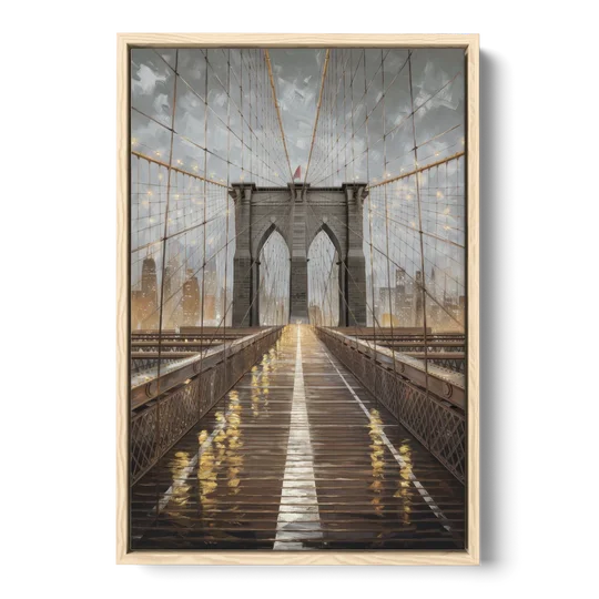 New York City Brooklyn Bridge View - Oak Framed Canvas Wall Art - Front