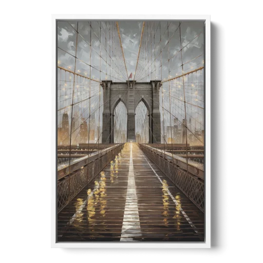 New York City Brooklyn Bridge View - White Framed Canvas Wall Art - Front