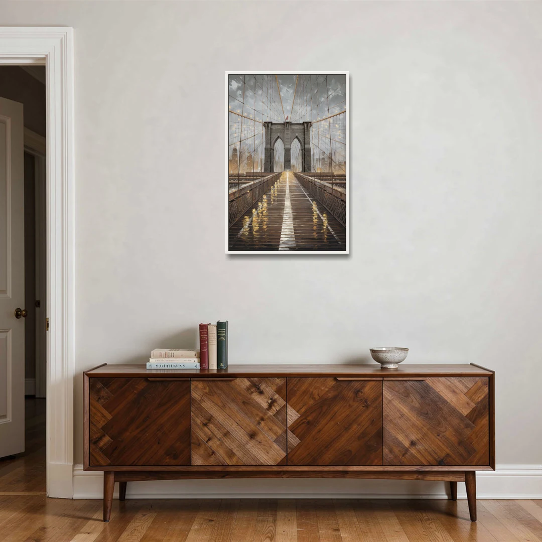New York City Brooklyn Bridge View - White Framed Canvas Wall Art - Coffee Table - 24x36