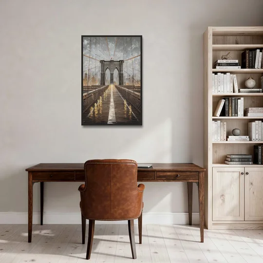 New York City Brooklyn Bridge View - Black Framed Canvas Wall Art - Office - 24x36