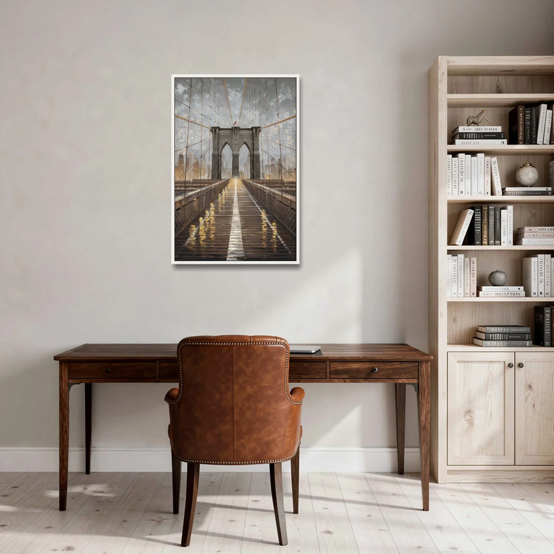 New York City Brooklyn Bridge View - White Framed Canvas Wall Art - Office - 24x36