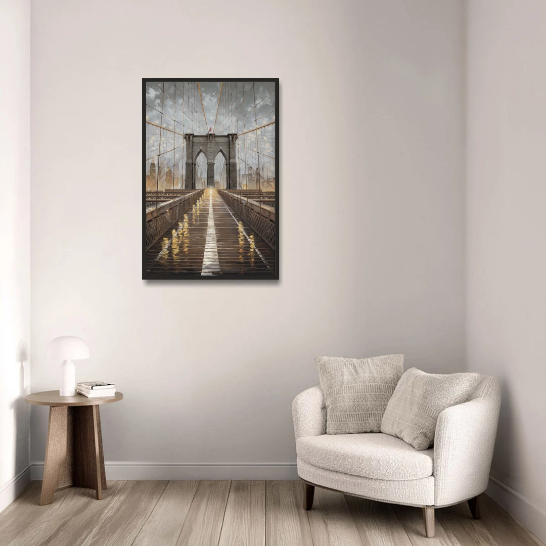 New York City Brooklyn Bridge View - Black Framed Canvas Wall Art - Sofa - 24x36