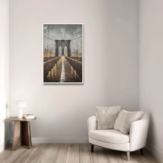New York City Brooklyn Bridge View - White Framed Canvas Wall Art - Sofa - 24x36