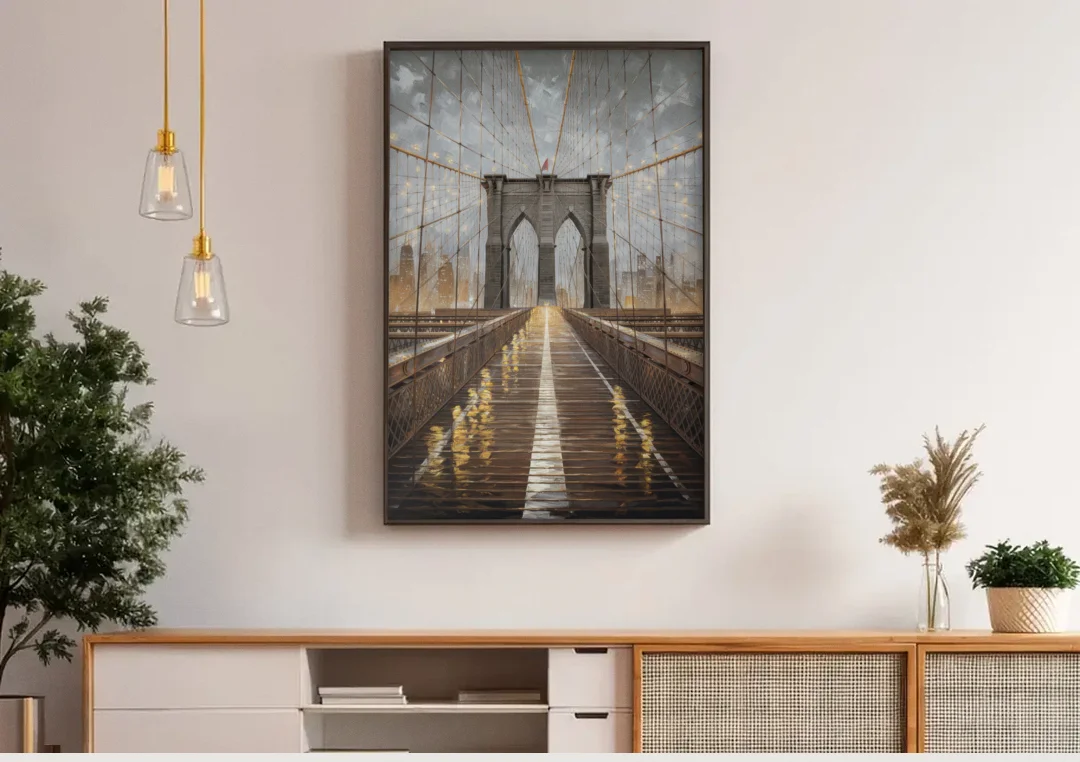 New York City Brooklyn Bridge View canvas wall art above a wooden sideboard under pendant lights