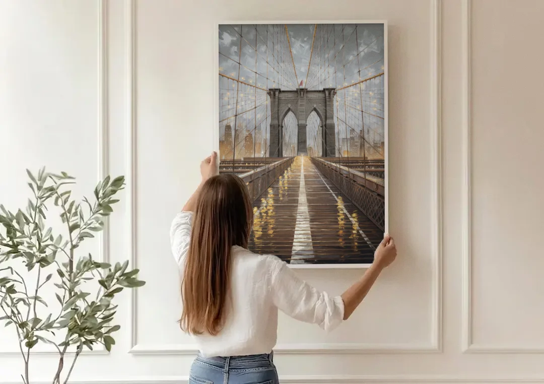 New York City Brooklyn Bridge View canvas wall art being hung on a paneled wall