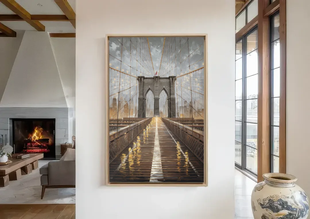 New York City Brooklyn Bridge View canvas wall art in a living room with a fireplace