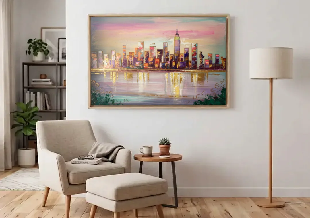 New York City Downtown Skyline canvas wall art above an armchair in a bright living room