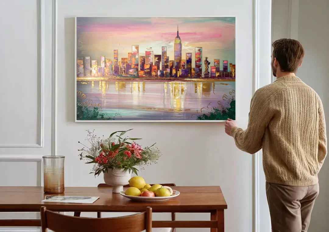 New York City Downtown Skyline canvas wall art above a dining table