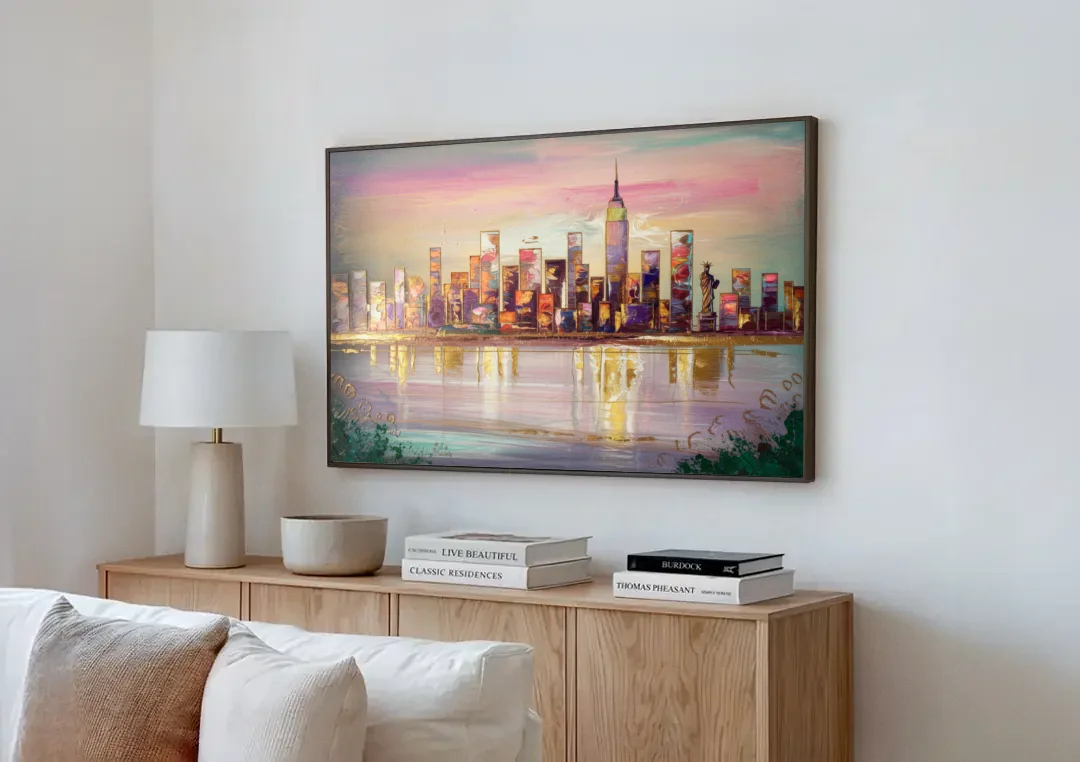New York City Downtown Skyline canvas wall art above a wooden sideboard next to a sofa