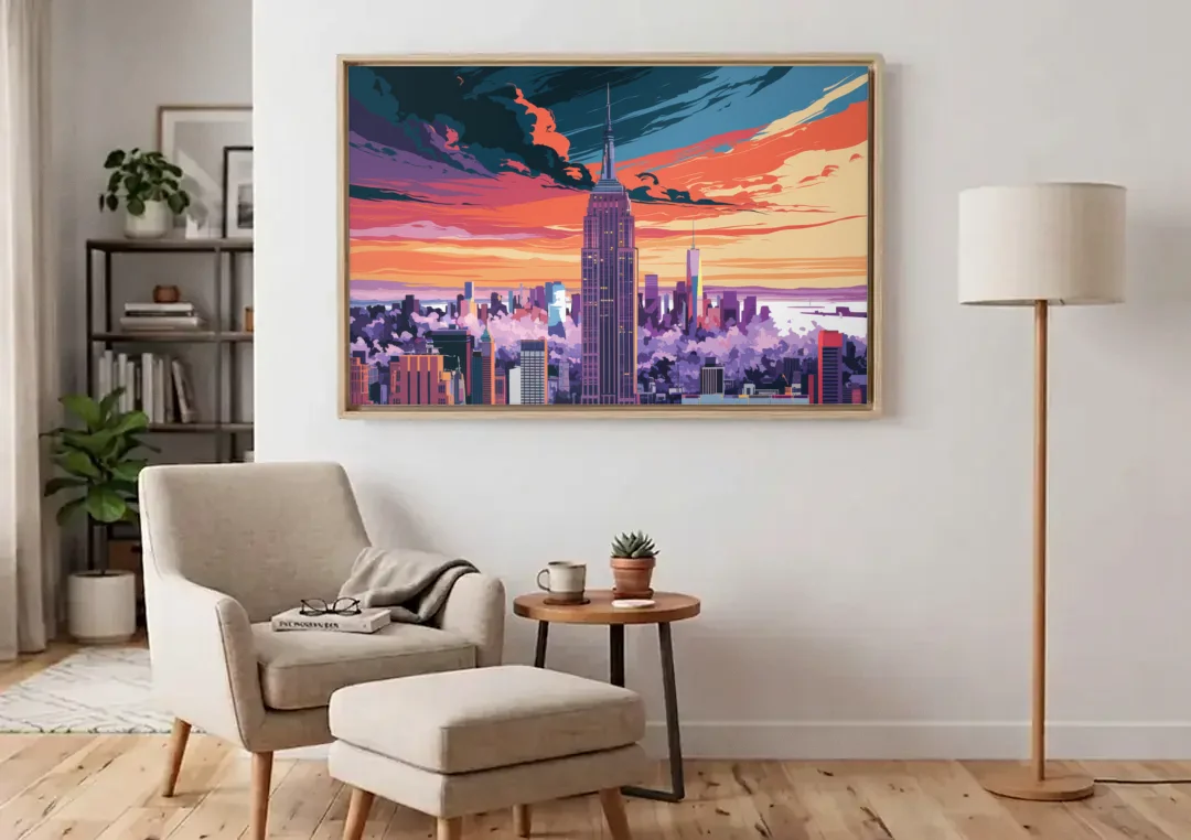 New York City Empire State Building canvas wall art above an armchair in a bright living room