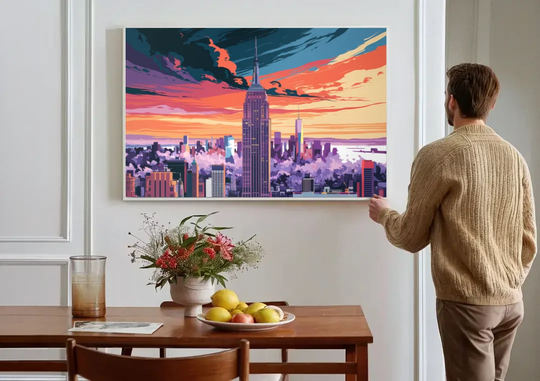 New York City Empire State Building canvas wall art above a dining table