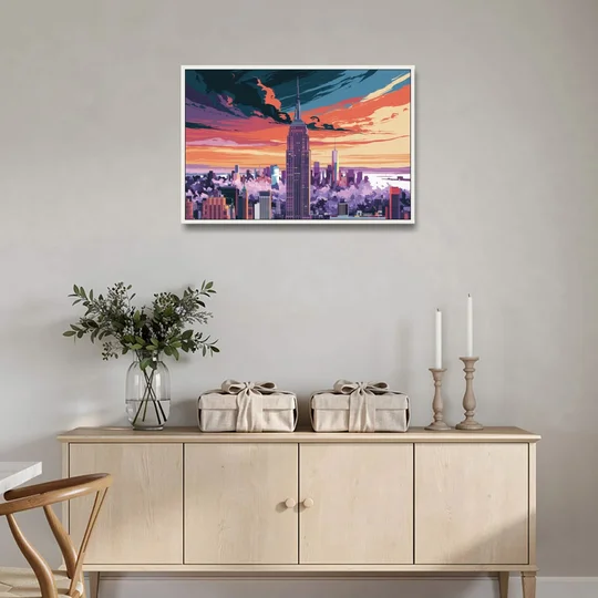 New York City Empire State Building - White Framed Canvas Wall Art - Coffee Table - 36x24