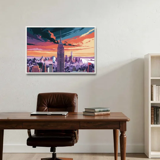 New York City Empire State Building - White Framed Canvas Wall Art - Office - 36x24