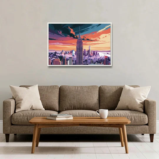 New York City Empire State Building - White Framed Canvas Wall Art - Sofa - 36x24