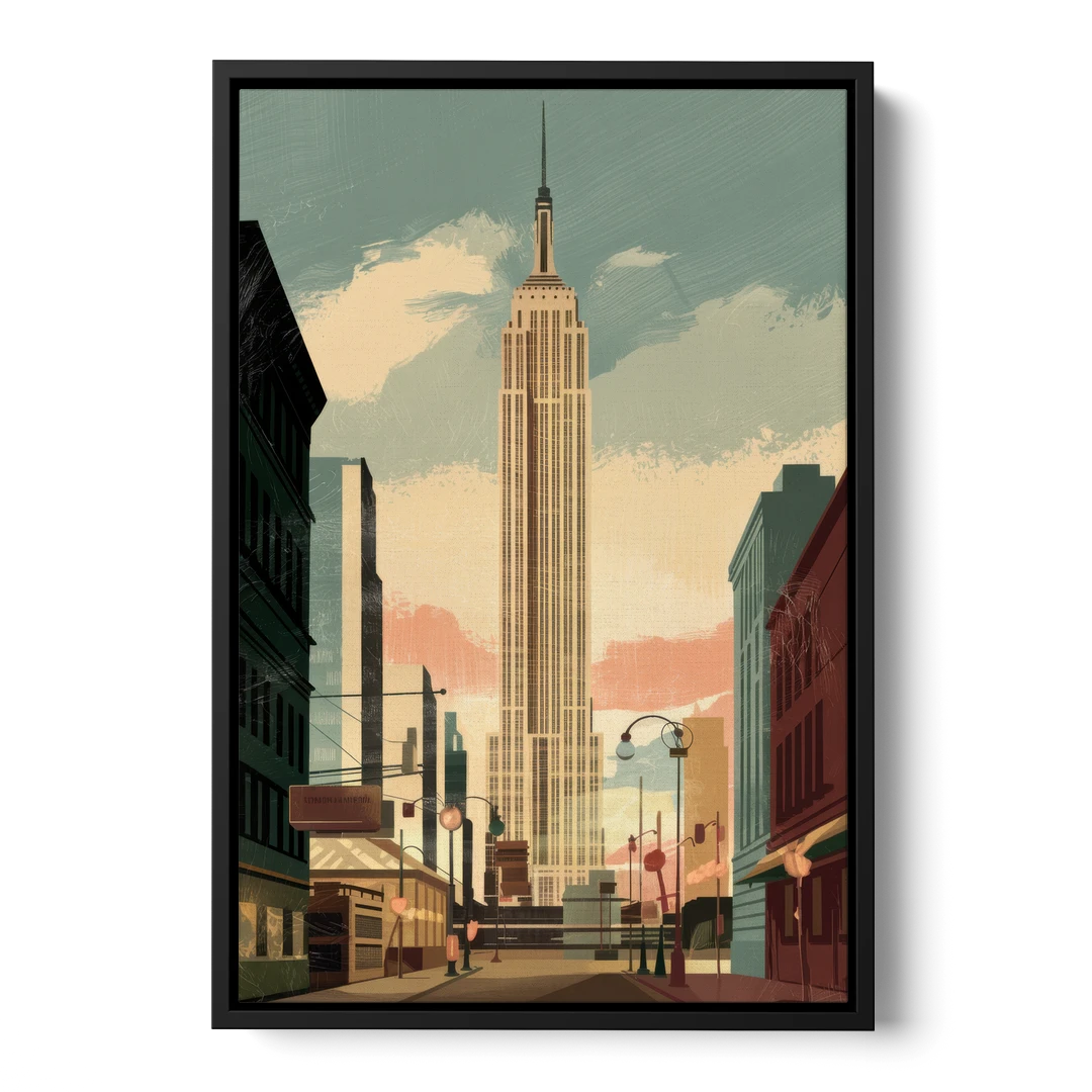 New York City Empire State Building Sunny - Black Framed Canvas Wall Art - Front