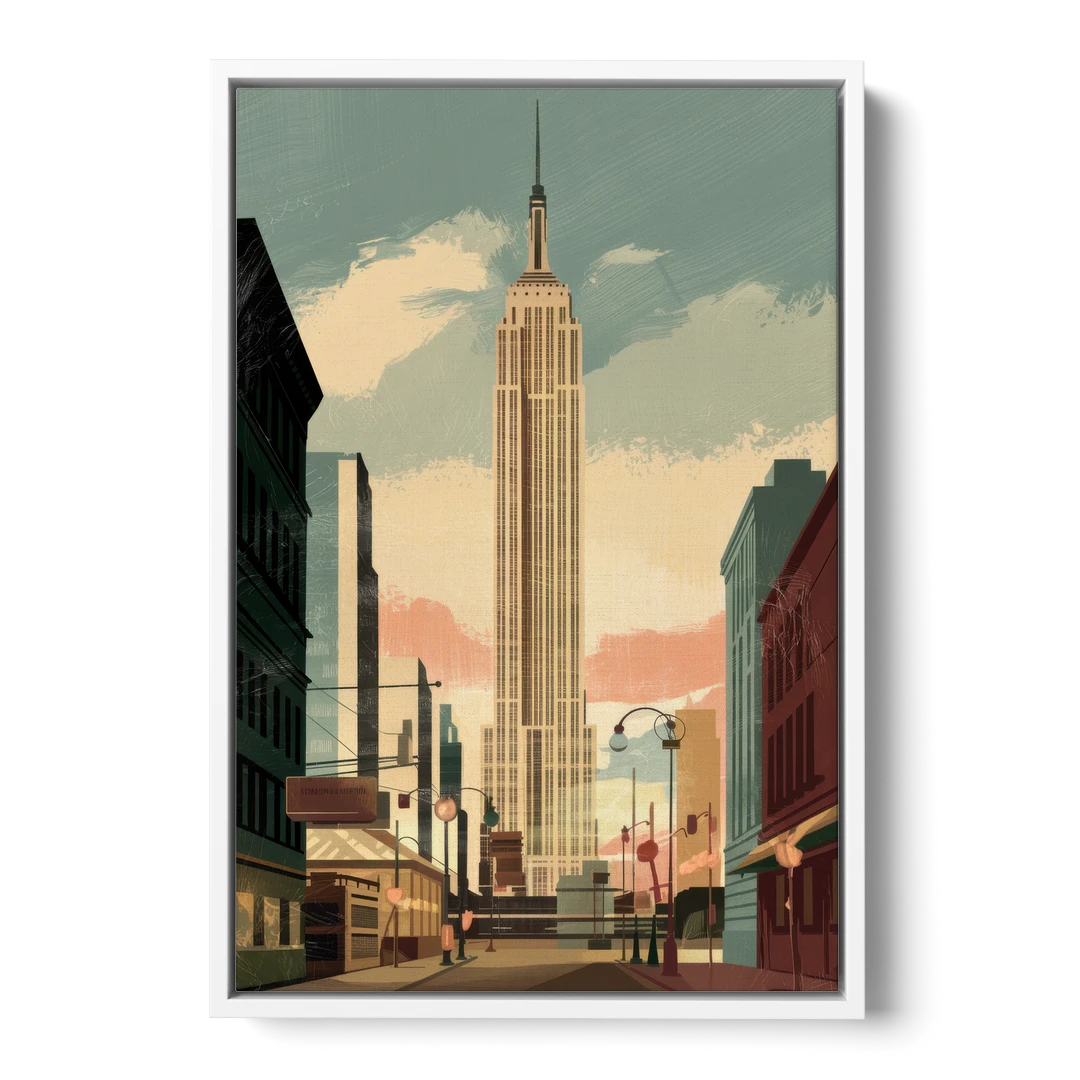 New York City Empire State Building Sunny - White Framed Canvas Wall Art - Front