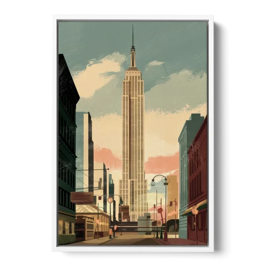 New York City Empire State Building Sunny - White Framed Canvas Wall Art - Front